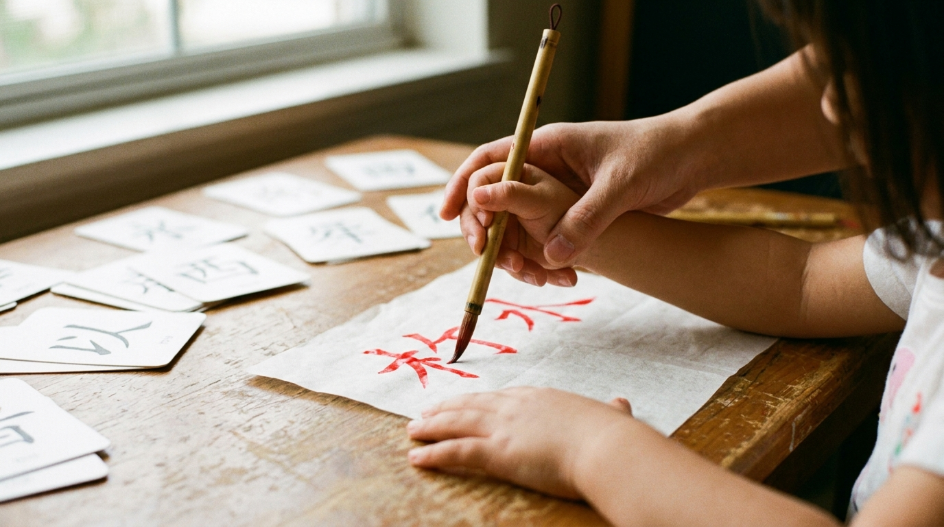 Child practicing Chinese calligraphy at Mandarin Tree Academy